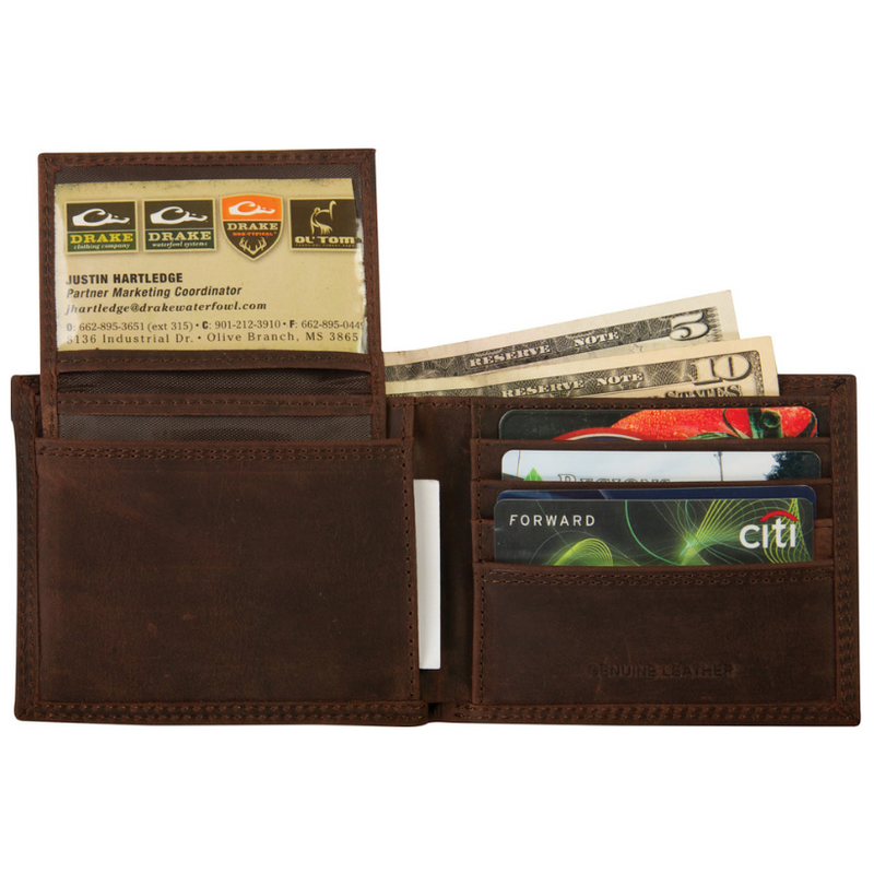 Load image into Gallery viewer, Drake Waterfowl Leather Bi-Fold Wallet - Brown - Opened
