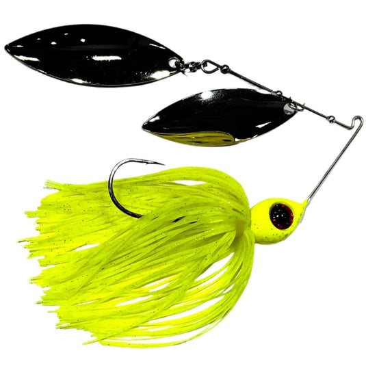 Head Hunter Nasty 50/50 Double Willow Spinnerbait - Chartreuse Silver Glitter and Gold Silver Blade