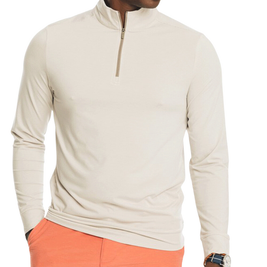 Southern Tide Cruiser Heather Micro Striped Performance Quarter Zip Pullover - Heather Sand Surge