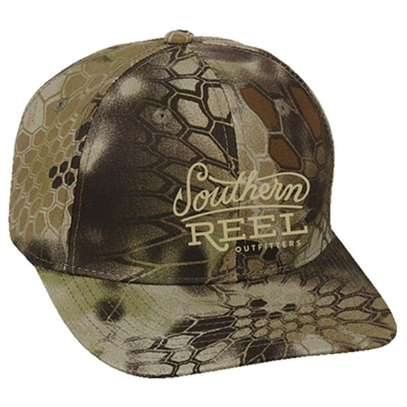 Load image into Gallery viewer, Southern Reel Outfitters hat camo with tan southern reel outfitters round logo.
