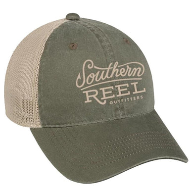 Southern Reel Outfitters trucker style hat. Olive front with tan southern reel outfitters logo and tan mesh back.