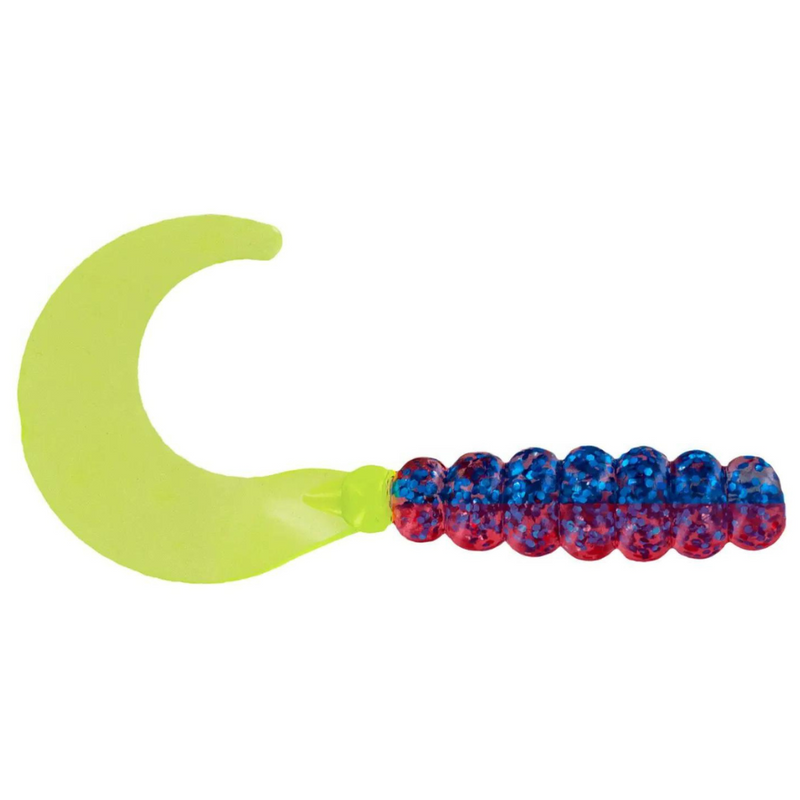 Load image into Gallery viewer, Big Bite Bait Fat Grubs - Blue and Red Sparkle with Chartreuse Tail
