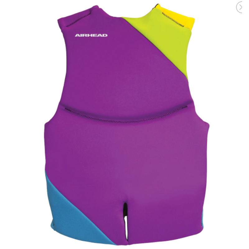 Load image into Gallery viewer, Airhead GNAR Neolite Kwik-Dry Life Vest - Blue/Purple/Yellow/Lime Green - Back
