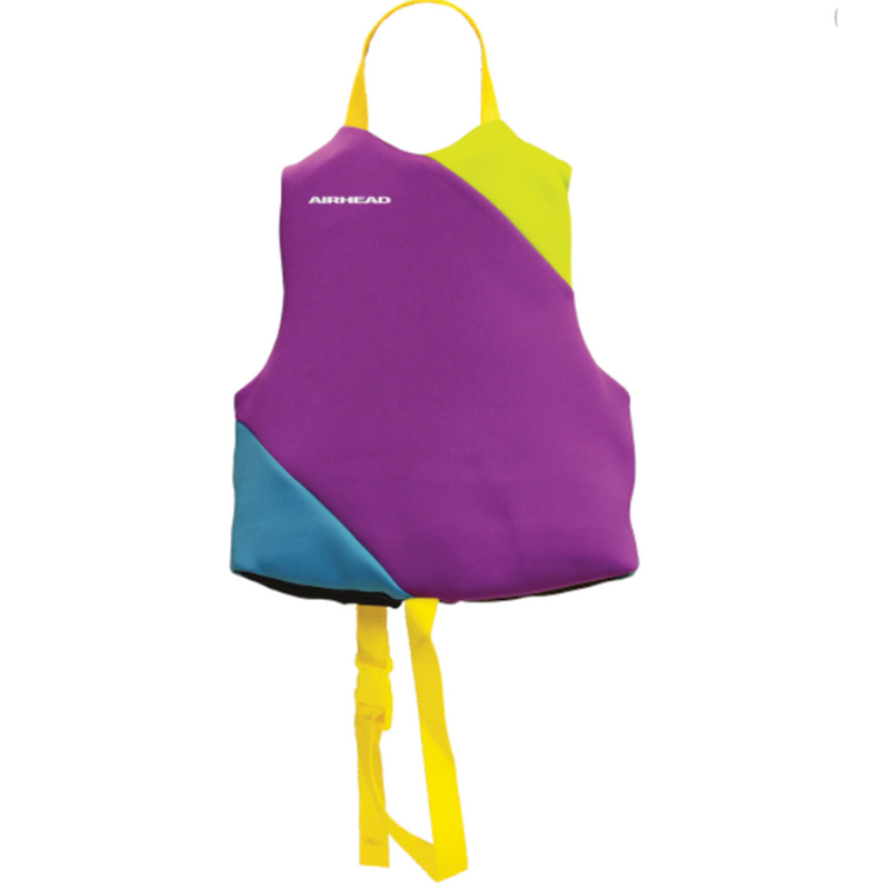 Load image into Gallery viewer, Airhead GNAR Neolite Kwik-Dry Life Vest - Blue/Purple/Yellow/Lime Green - Back - Youth
